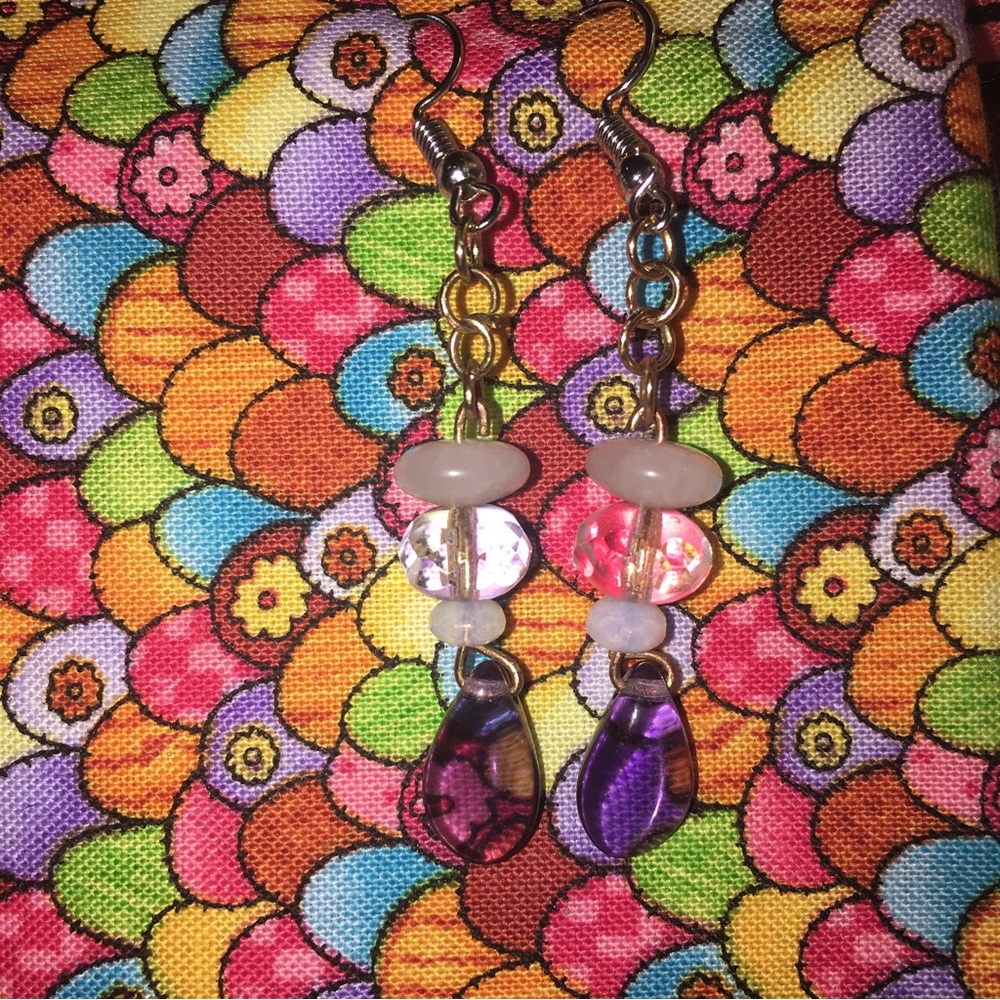 purple tear drop and pink stone earrings